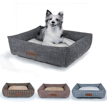 Grey linen fabric square dog bed measuring 60x50cm on a wooden floor
