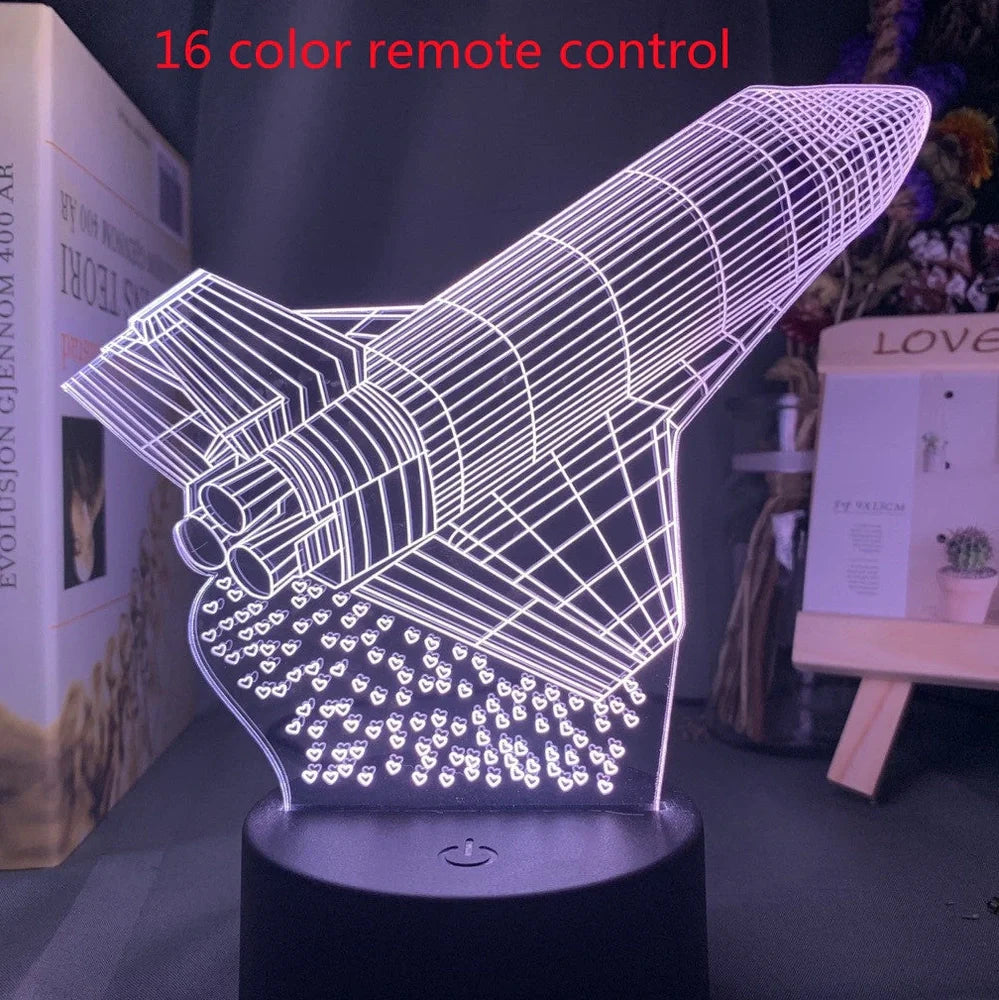 Custom 3D airplane hologram night light with optical acrylic panel and ABS base showing colour-changing illumination