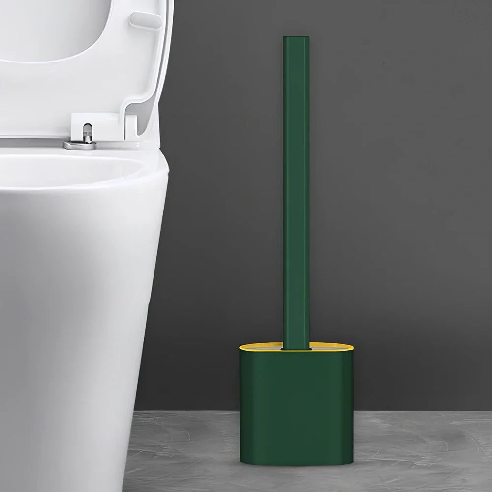 Wall-mounted soft toilet brush with silicone bristles and cover in midnight green colour