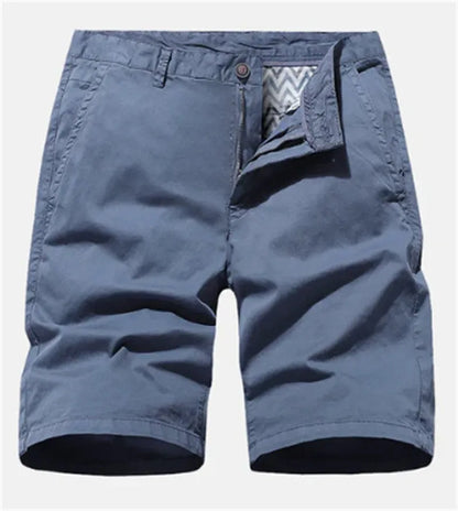 Men's blue denim casual shorts with a loose fit, no belt, and straight legs on a plain background.