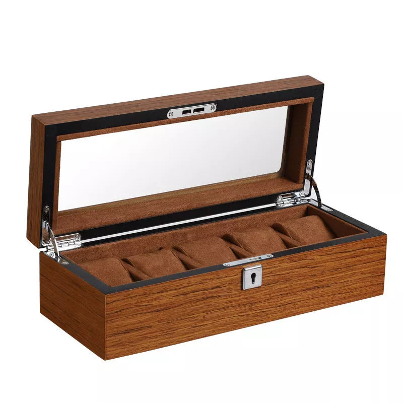 Matte wood grain lock watch storage box with 5 slots, brown color