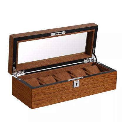 Matte wood grain lock watch storage box with 5 slots, brown color