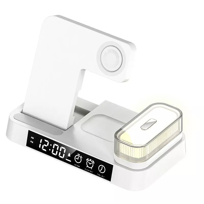 4-in-1 multifunction wireless charger station with alarm clock and RGB night light in white and black
