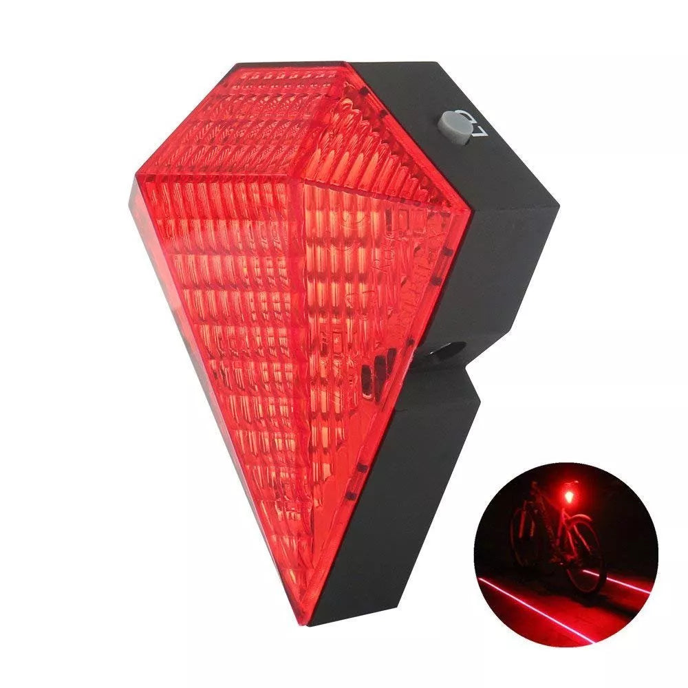USB rechargeable bicycle tail light with laser safety feature in red and blue
