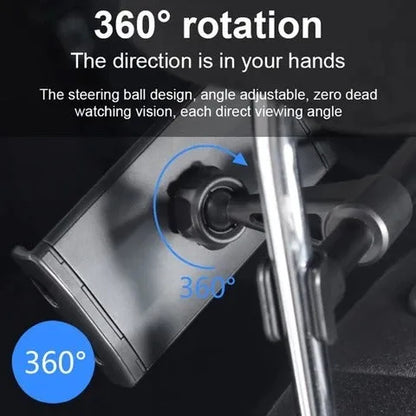 Black car tablet holder mounted on vehicle rear seat base holding iPad