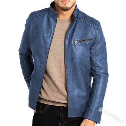 Men's brown artificial leather punk motorcycle jacket with a stand collar and straight hem on a hanger.
