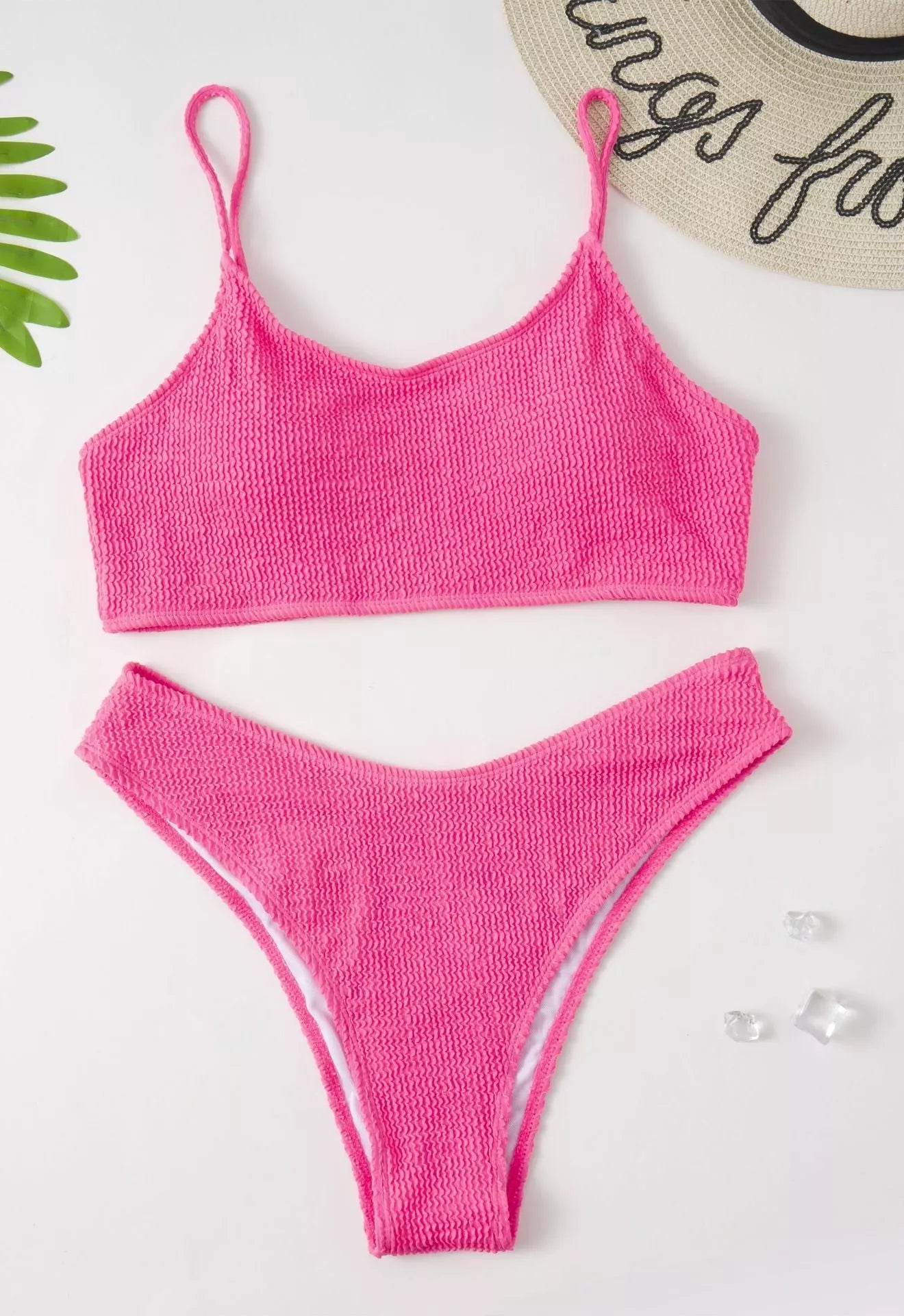 Plus-size solid pink bikini swimsuit with chest pad, available in sizes L to 4XL