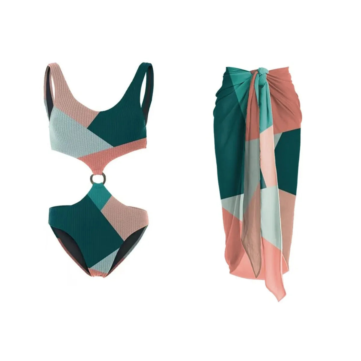 Two-piece contrast colour bikini set with mesh gauze skirt for swimming