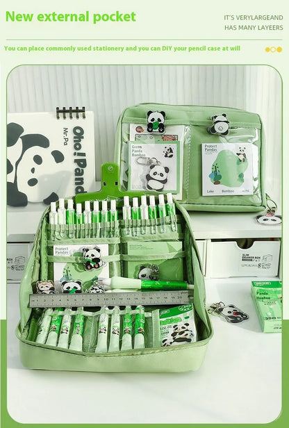 Green canvas pencil case with panda design featuring 12 storage layers for stationery organisation