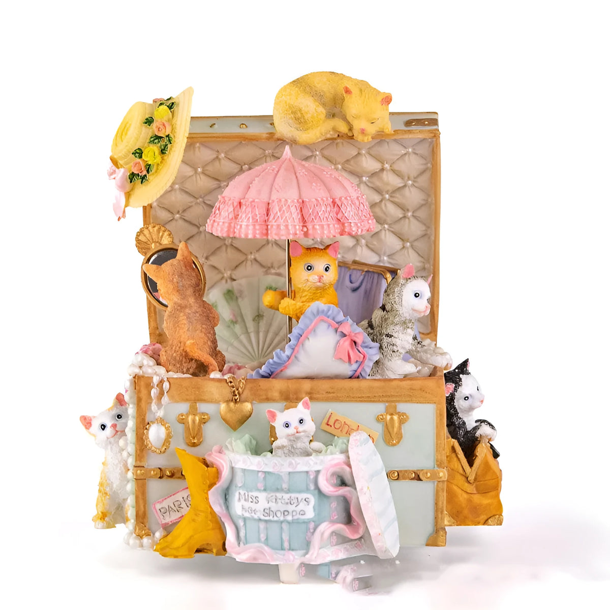 Cold porcelain cat-shaped music box with jewellery storage, rotating snowflake light, and mechanical movement