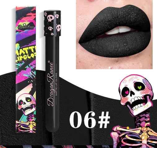 Halloween skull test tube lip gloss in gold and silver matte metallic shades showing doe-foot applicator.