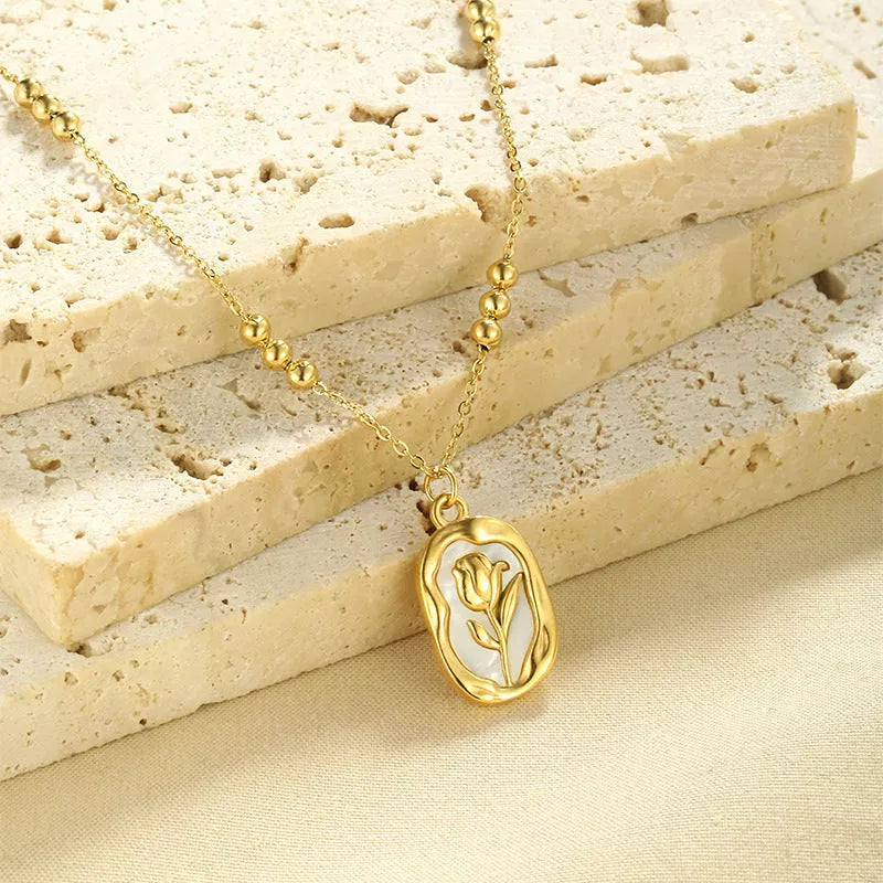 Rose white shell pendant necklace with 18K stainless steel chain