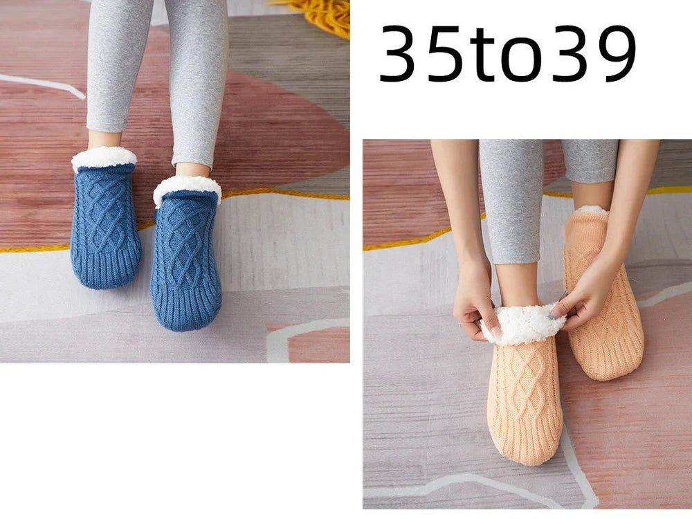 Winter woolen socks with V-opening design and anti-slip dots on soles in navy blue colour