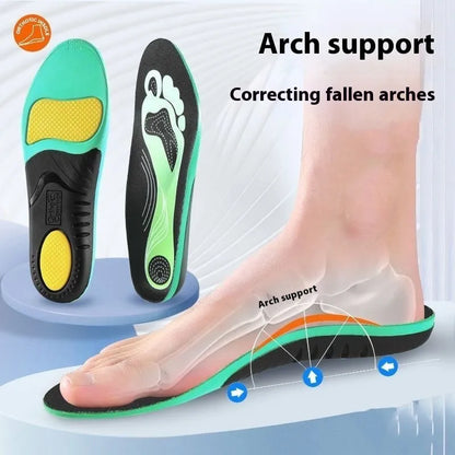 Blue and green PU foam flat foot correction insoles for men and women.