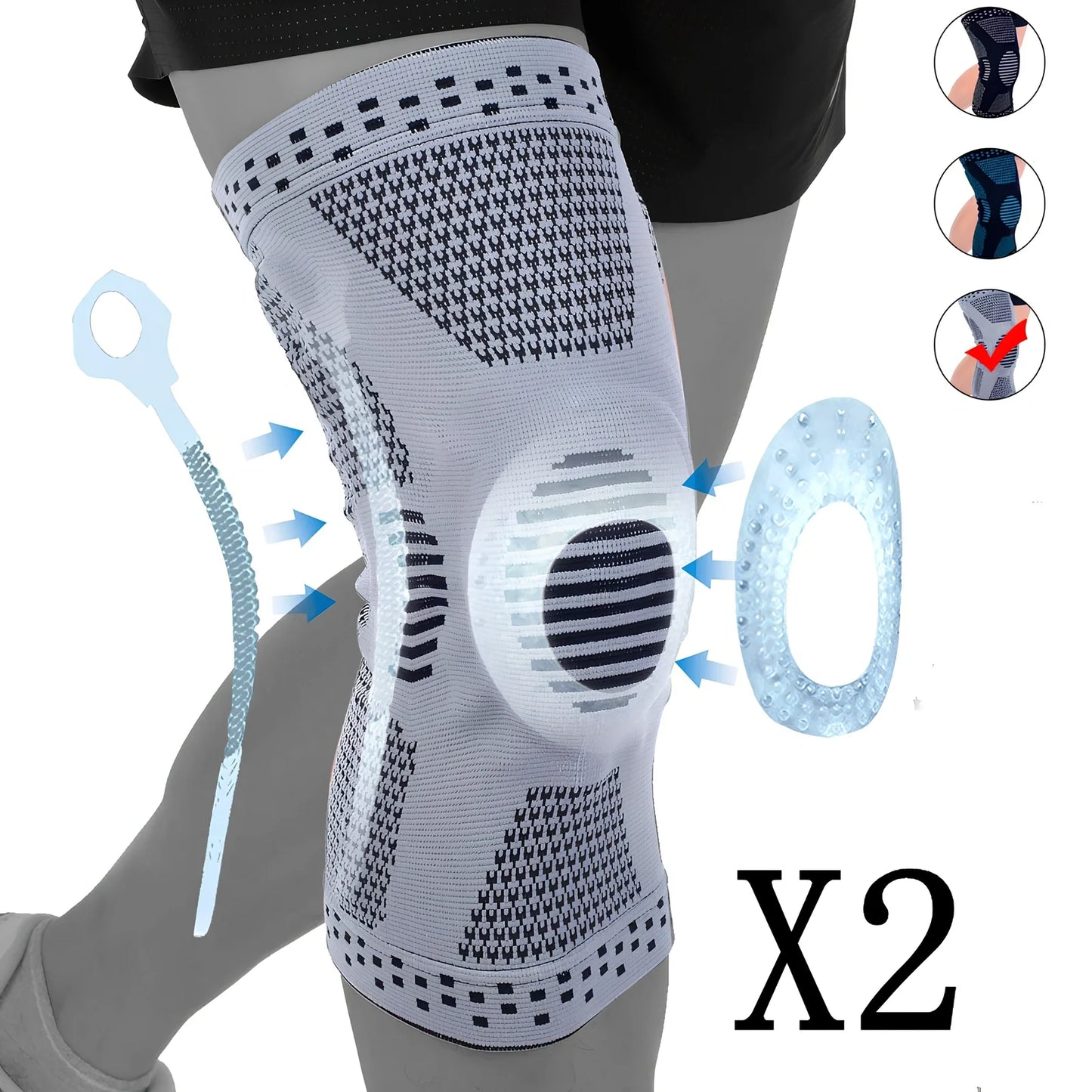 Grey basketball knee pad showing half-moon shape and silicone grip strips for court protection