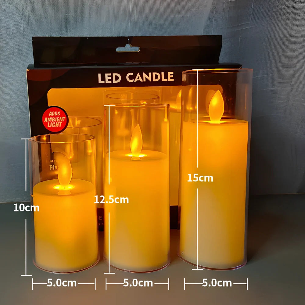 Electric candle lamp with LED flame simulation in cup design, available in 5.5cm and 7.5cm sizes