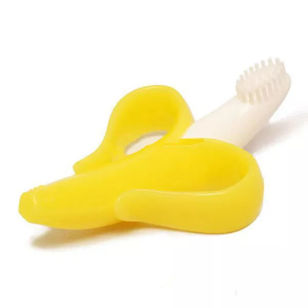 Food grade silicone banana teether toy for babies in yellow, pink, and blue