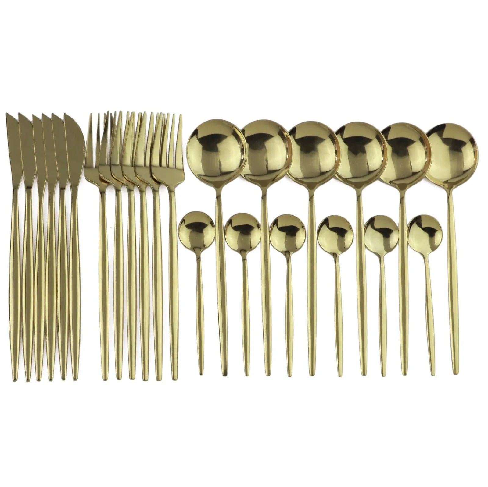24-piece stainless steel cutlery set with mirror-polished finish showing six place settings in gold colour