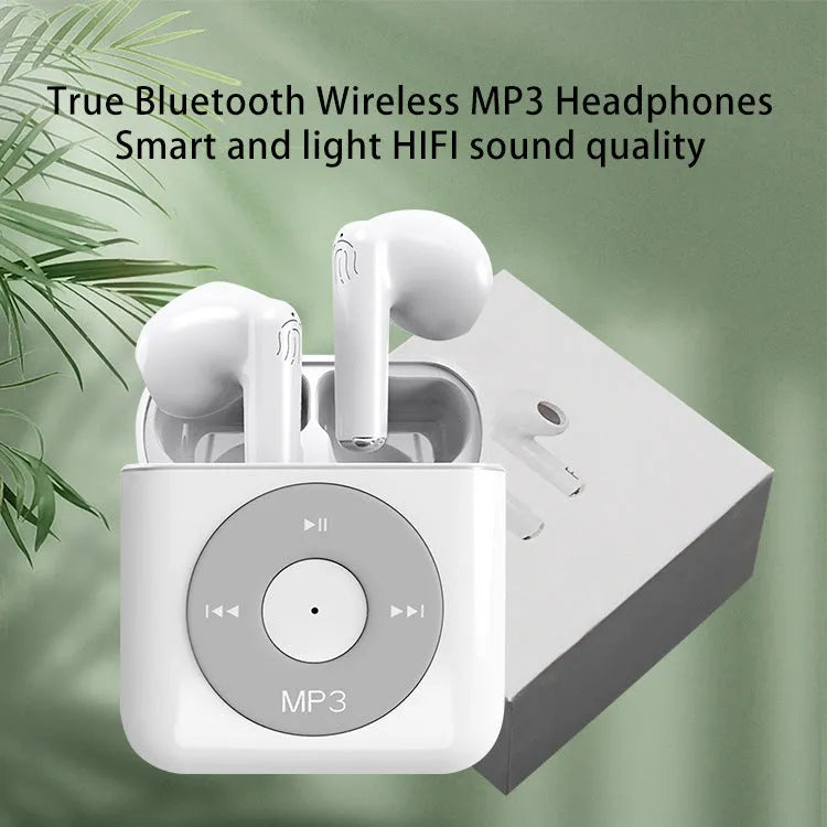 White wireless Bluetooth earphones with semi in-ear design and charging case featuring 32g memory