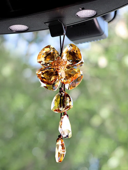 Crystal four leaf grass car interior pendant in transparent, champagne, black, or shiny finish, approximately 20cm long.