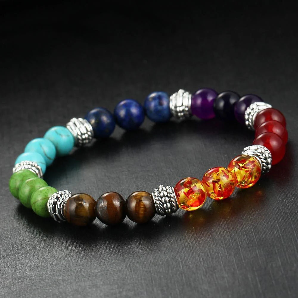 Natural Stone Colorful Chakra Energy Yoga Bracelet with geometric design and 8mm beads