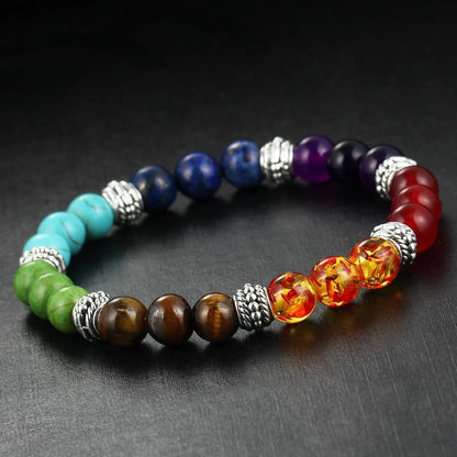 Natural Stone Colorful Chakra Energy Yoga Bracelet with geometric design and 8mm beads
