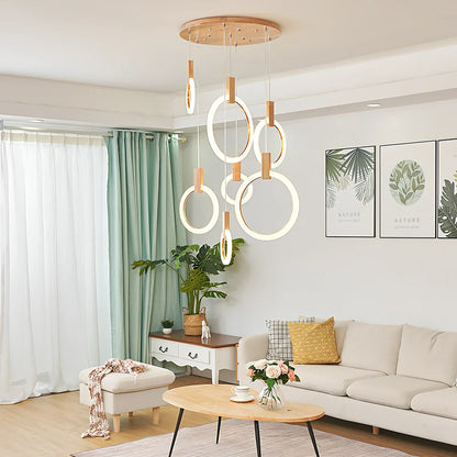 White wooden ring LED lamp with adjustable height mechanism and fishing line chandelier design