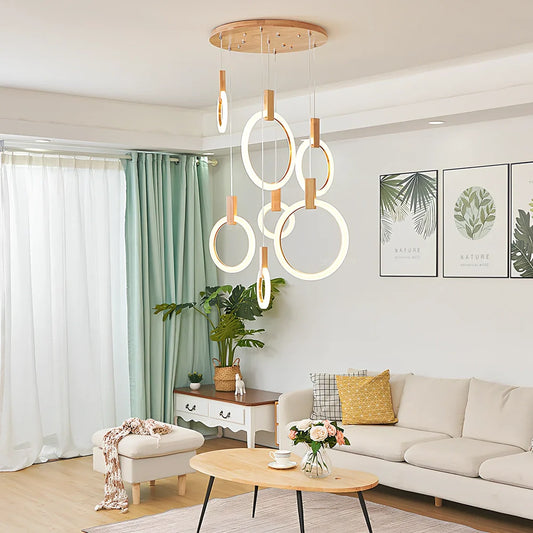 White wooden ring LED lamp with adjustable height mechanism and fishing line chandelier design