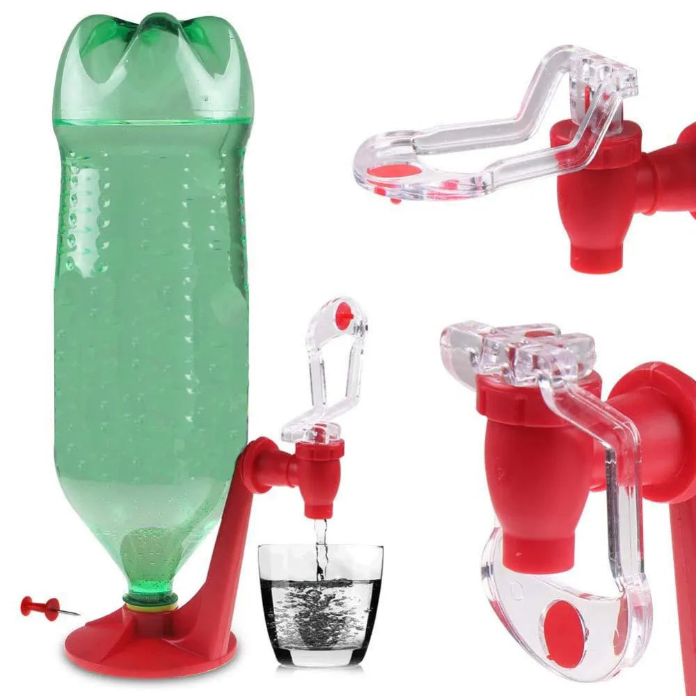 Red plastic soda dispenser attached to inverted 2-litre bottle with push-button mechanism