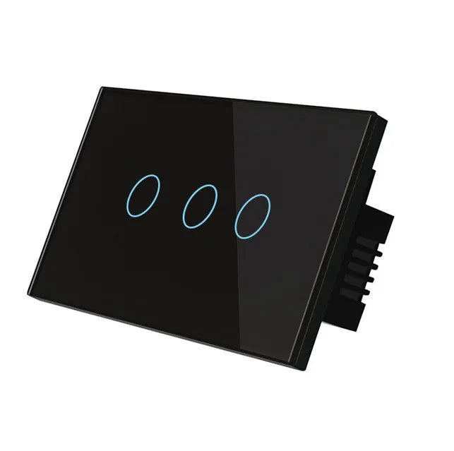 US-RF-02W white 2-gang remote control light switch with tempered glass panel measuring 120x72x35mm