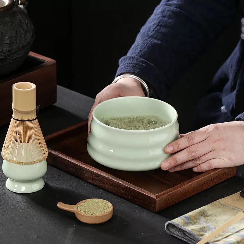 Japanese Matcha Tea Set with ceramic bowl and brush in clear glaze