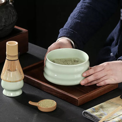 Japanese Matcha Tea Set with ceramic bowl and brush in clear glaze