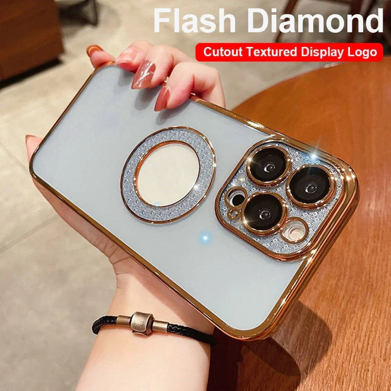Electroplated diamond ring design iPhone case in various colors with lens protection