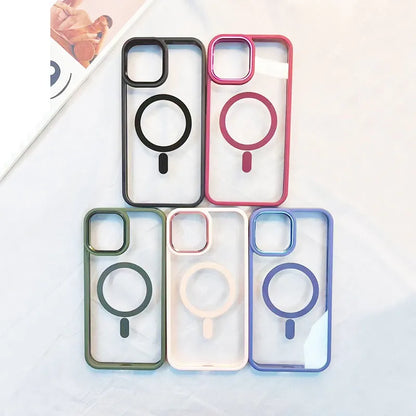 Magnetic transparent silicone phone case showing iPhone compatibility and 10 colour options including green, red, blue, and purple