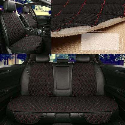 Flax linen car seat cover protector in beige, black, red and brown, with cushion and five-seat style options.