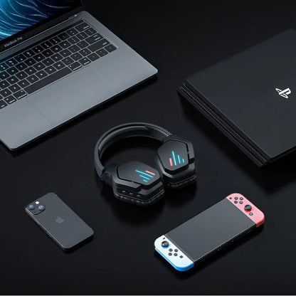 Luminous black wireless headphones with head-mounted design, showing ear cushions and adjustable headband