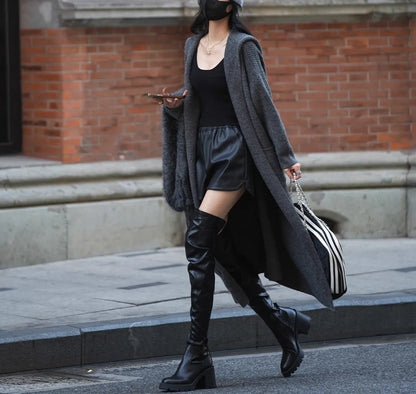 Long grey knitted cardigan with hood measuring 80cm length, cashmere blend fabric, loose fit trench coat style