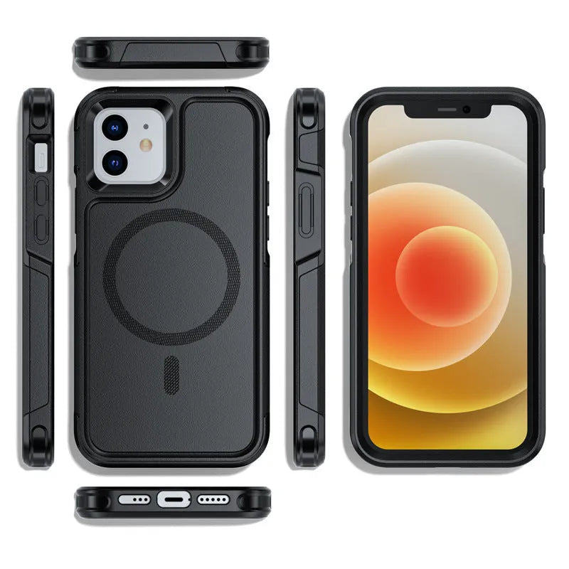 Black magnetic shatterproof back cover case for iPhone 12 and iPhone 13 series phones
