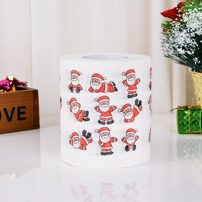 Christmas-themed toilet paper roll with Santa Claus and festive designs