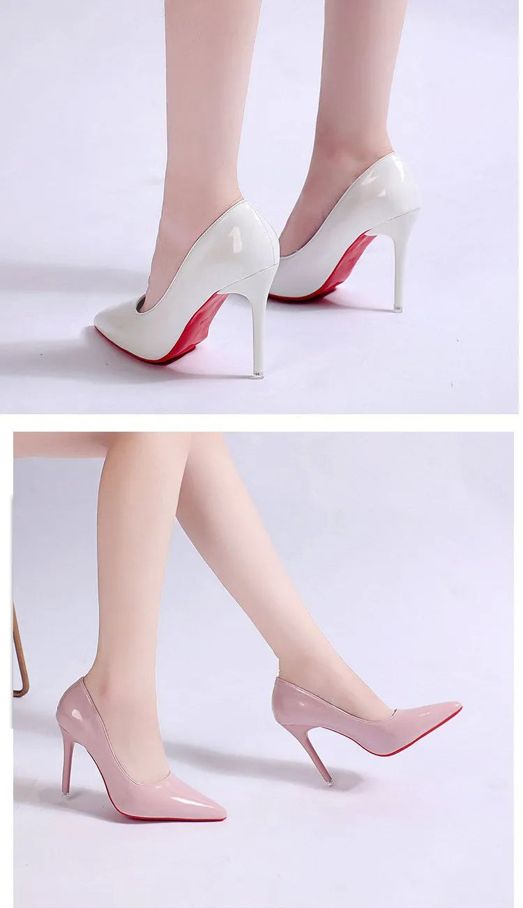 Women's black stiletto heel pumps with pointed toe and shallow mouth design on a neutral background