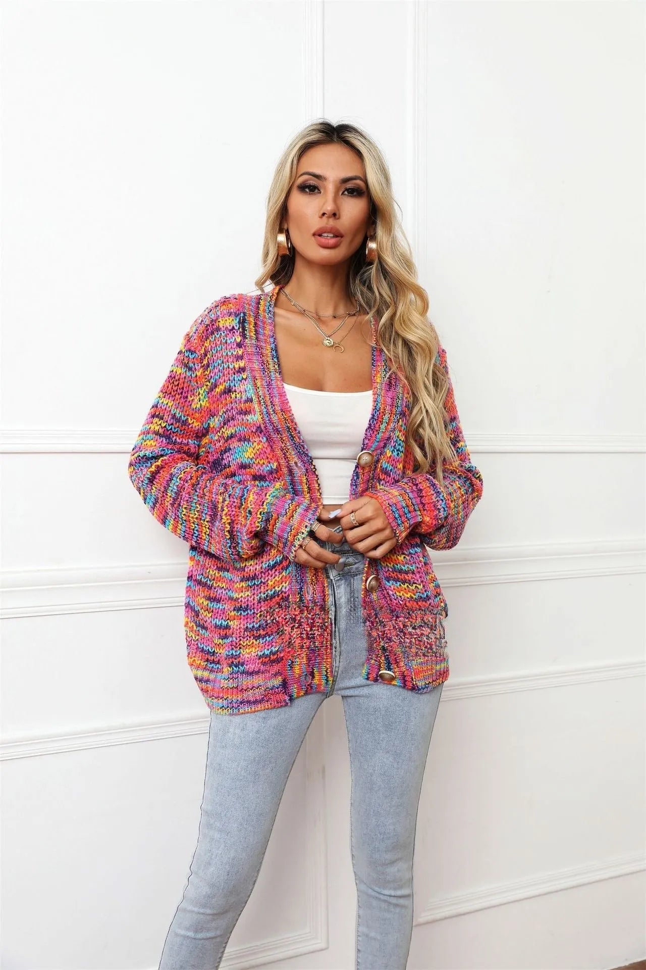 Rose red rainbow mixed colour festival dyed short cardigan knitted coat with loose fit and regular sleeves