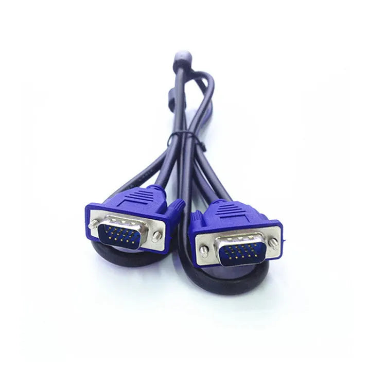 Black VGA cable with blue connector heads measuring 1.5 metres for computer to monitor connections