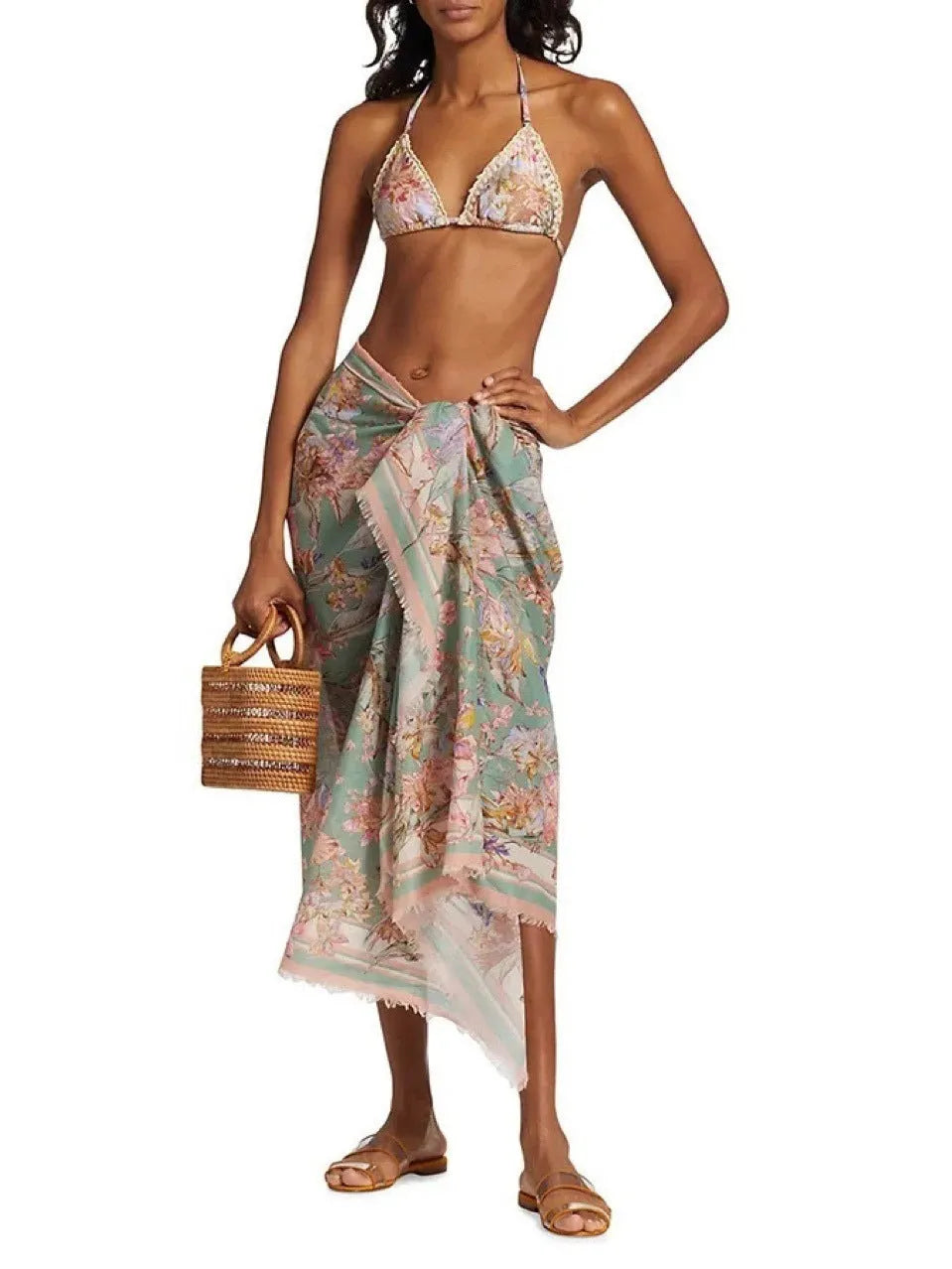 Women's creamy-white floral bikini set with detachable skirt for beach and pool use