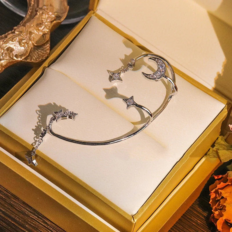 Butterfly design non-pierced earrings with detachable chain link in silver and purple