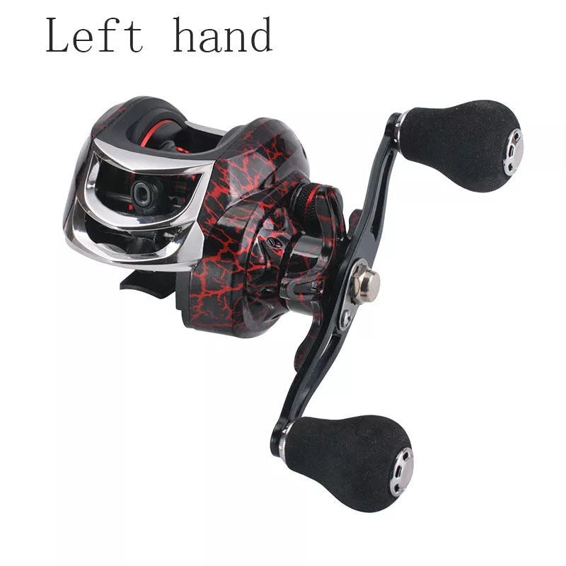 Baitcasting fishing reel with magnetic brake and high gear ratio in crack red