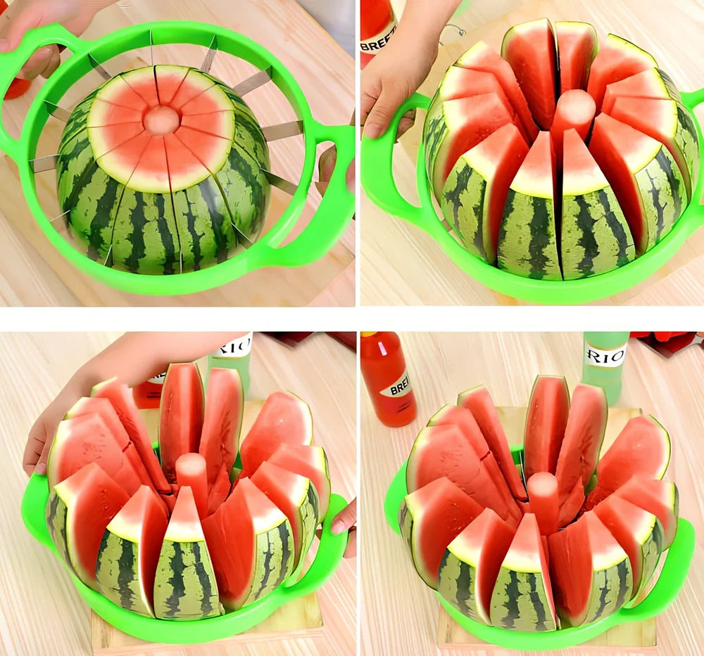 Green watermelon slicer with stainless steel blades and plastic handles for cutting melons