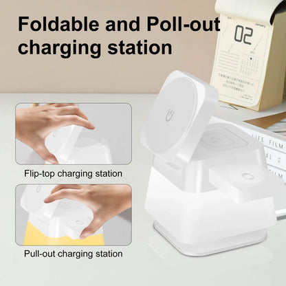 Versatile 4-in-1 wireless charging station with adjustable LED lighting for smartphone, smartwatch, and wireless earbuds