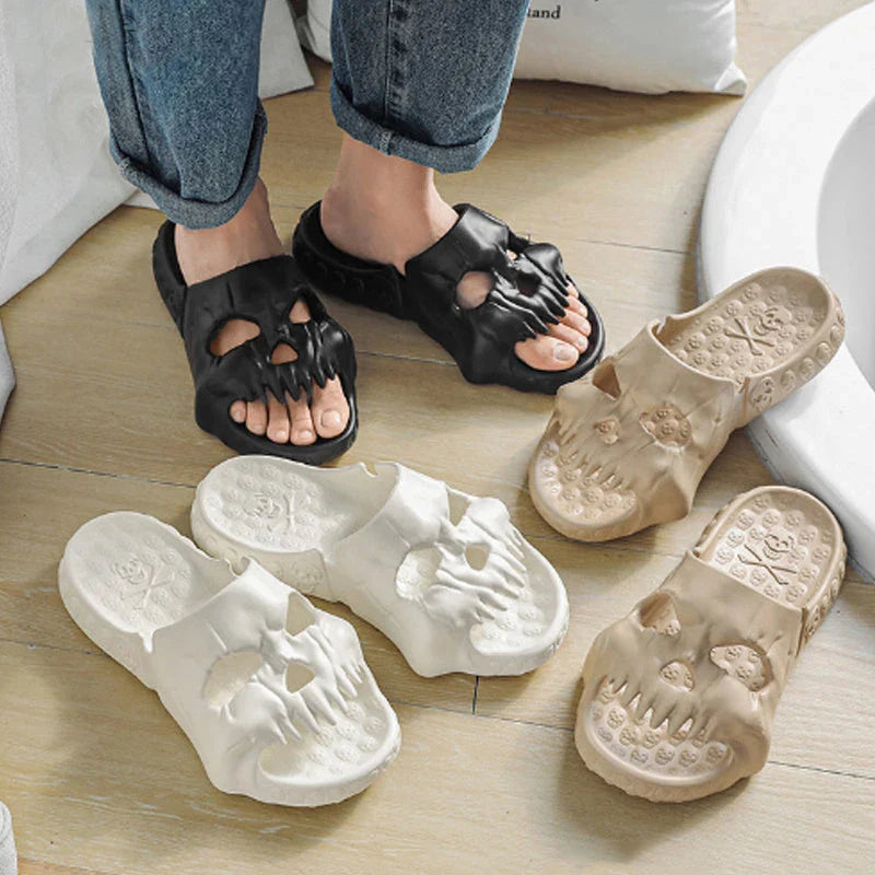 Spooky skull-printed slide sandals in various colors and sizes