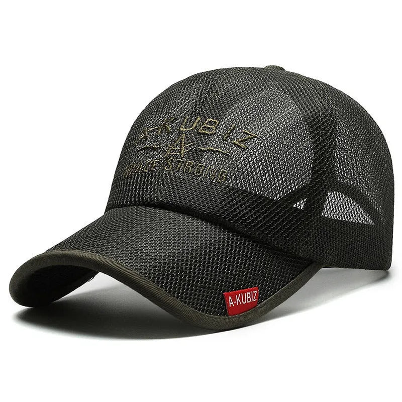 Adjustable mesh baseball cap in army green with dome crown and cotton fabric