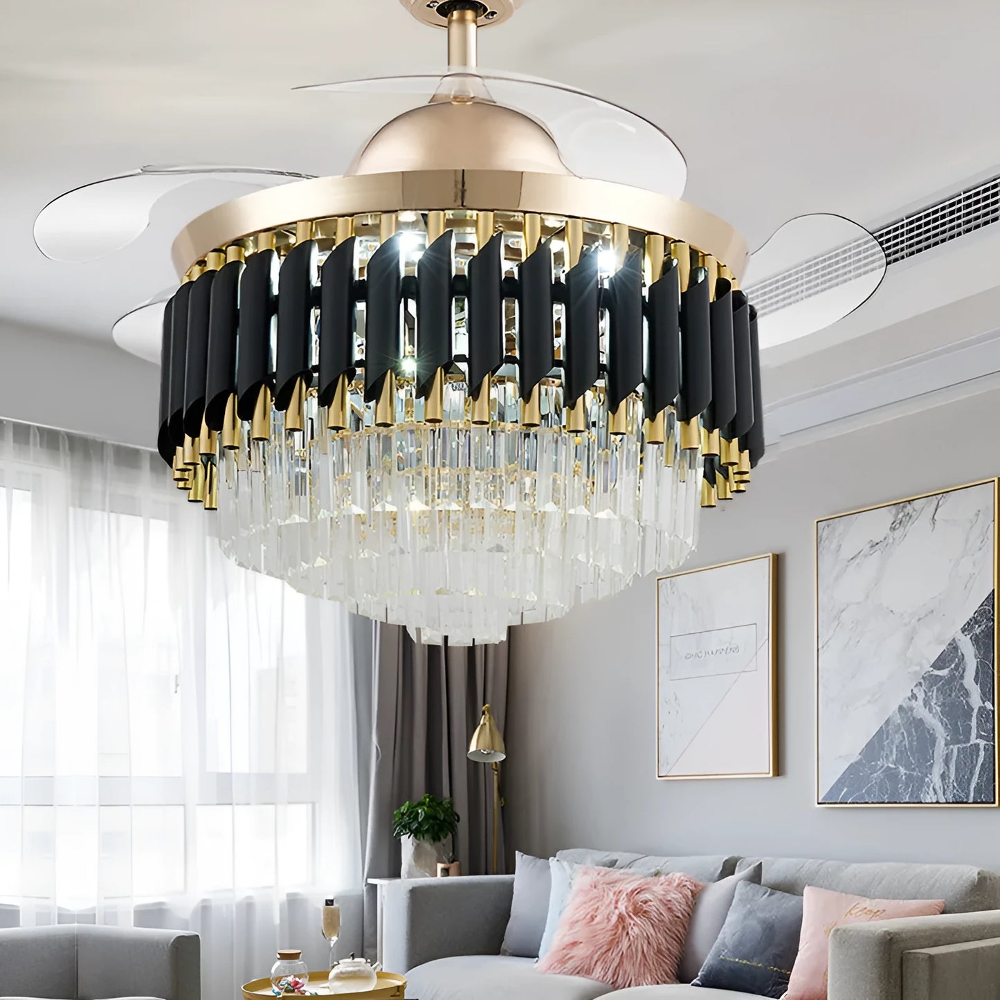 Crystal lampshade LED ceiling fan light with remote control on a white ceiling.